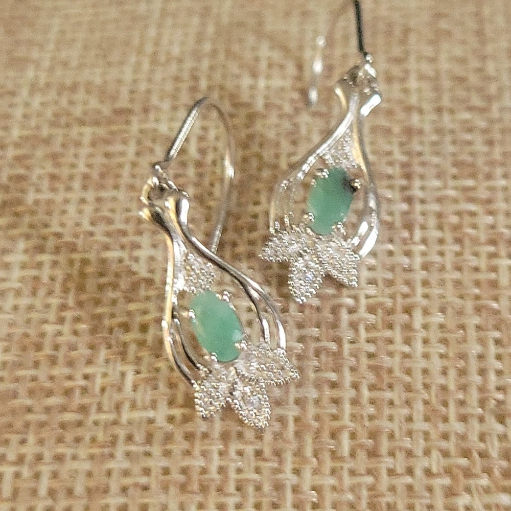 RJ Graziano Sterling Silver Pale Emerald Diamond Chip Earrings 1" Drop Fairycore